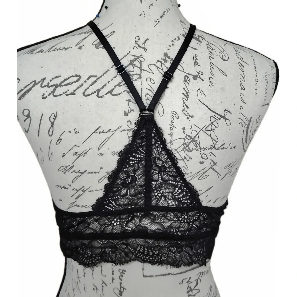 Xoxo Black Lace High Neck Halter Bralette 36C Racer Back Goth Grunge Festival